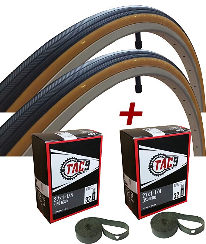 TAC 9 - 27x1-1/4 Bike Tire, BONUS Tube and Rim Strip - Select Gum Wall or Black Wall