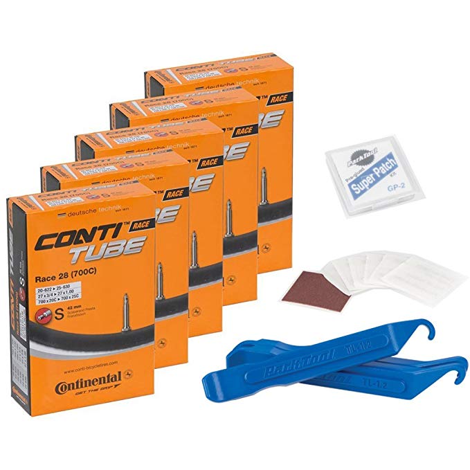 Continental Bicycle Tubes Race 28 700x20-25 S42 Presta Valve 42mm Bike Tube Super Bundle (Pack of 5 Conti Tubes + 3 Park Tool Levers + Patch Kit)