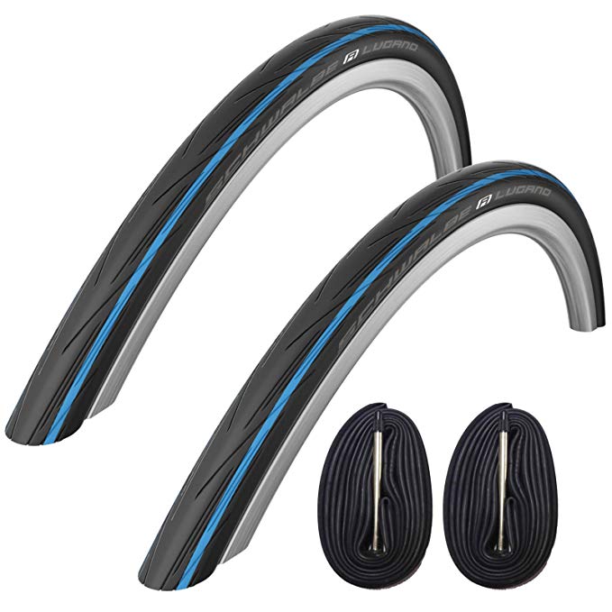 2x Schwalbe Lugano 700c x 25 Road Racing Bike Tires & 60mm Presta Tubes - Blue
